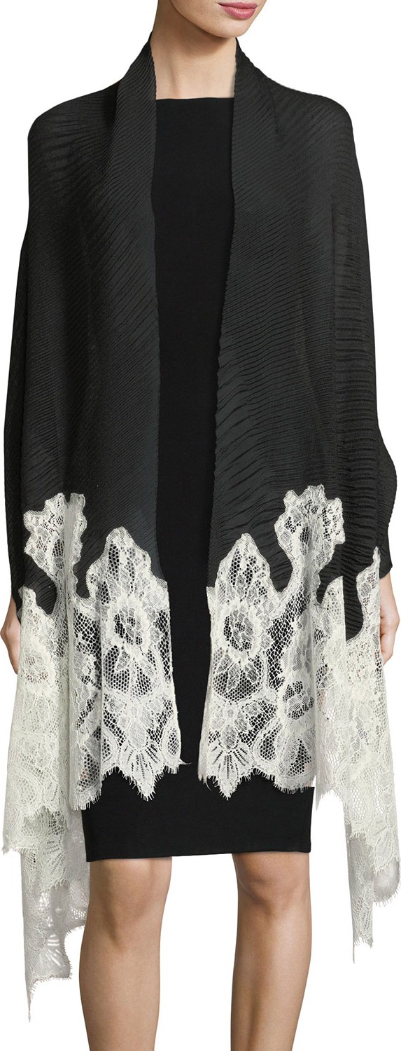 Valentino Plisse Shawl w/ Lace Trim