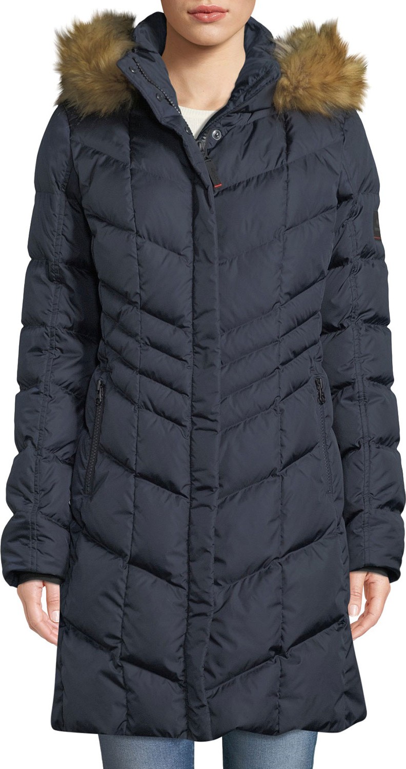 Bogner Kiara Long Chevron Down Puffer Coat w/ Hood & Faux-Fur Trim