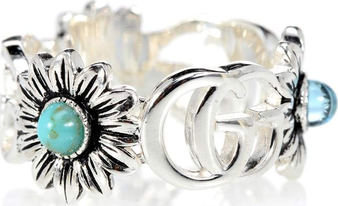 Gucci Double G flower sterling silver ring with topaz and mother of pearl