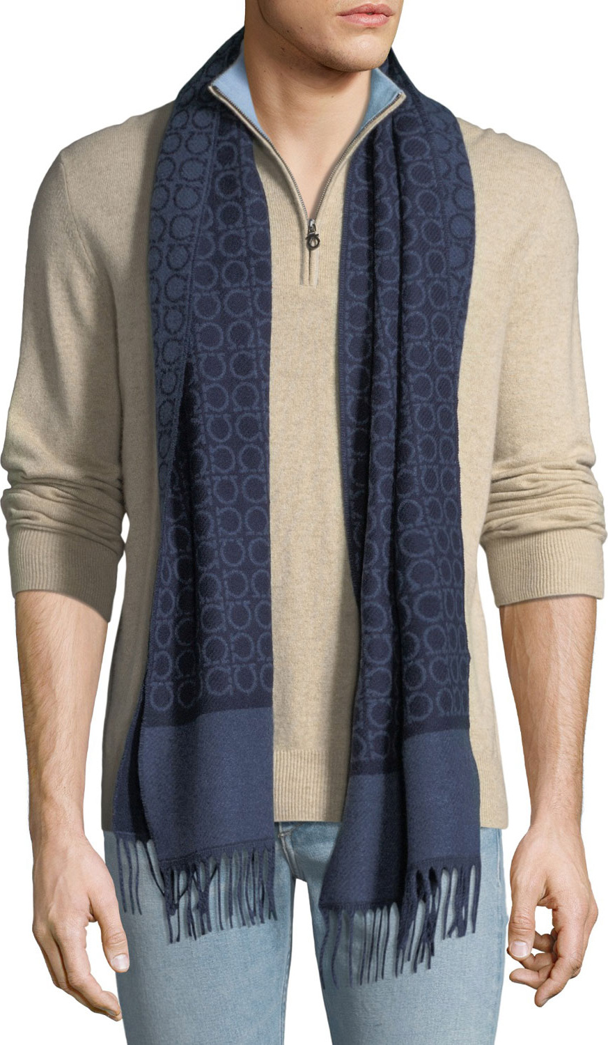 Salvatore Ferragamo Men's Gancini Cashmere Fringe-Trim Scarf