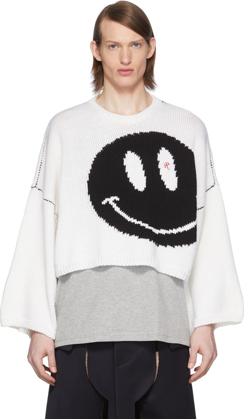 Raf Simons White Wool Smiley Sweater