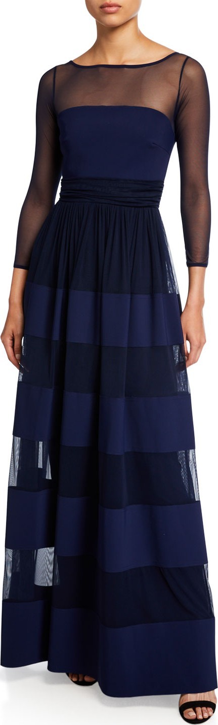 La Petite Robe di Chiara Boni Bateau-Neck Long-Sleeve Sheer-Yoke Striped Inset Gown La Petite Robe di Chiara Boni Bateau-Neck Long-Sleeve Sheer-Yoke Striped Inset Gown