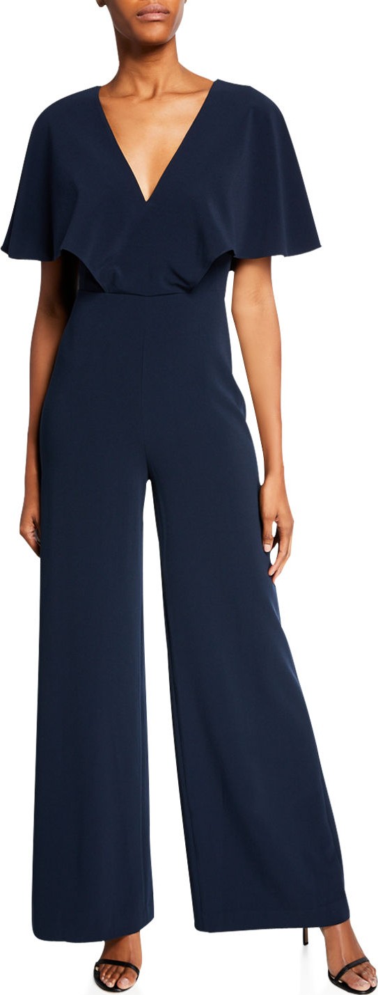 HALSTON HERITAGE V-Neck Flowy Cape-Sleeve Wide-Leg Jumpsuit