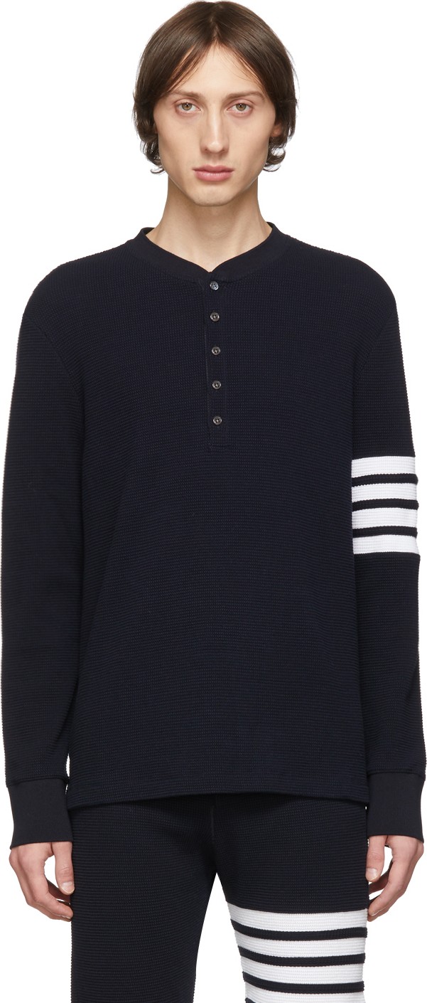 Thom Browne Navy 4-Bar Long Sleeve Henley