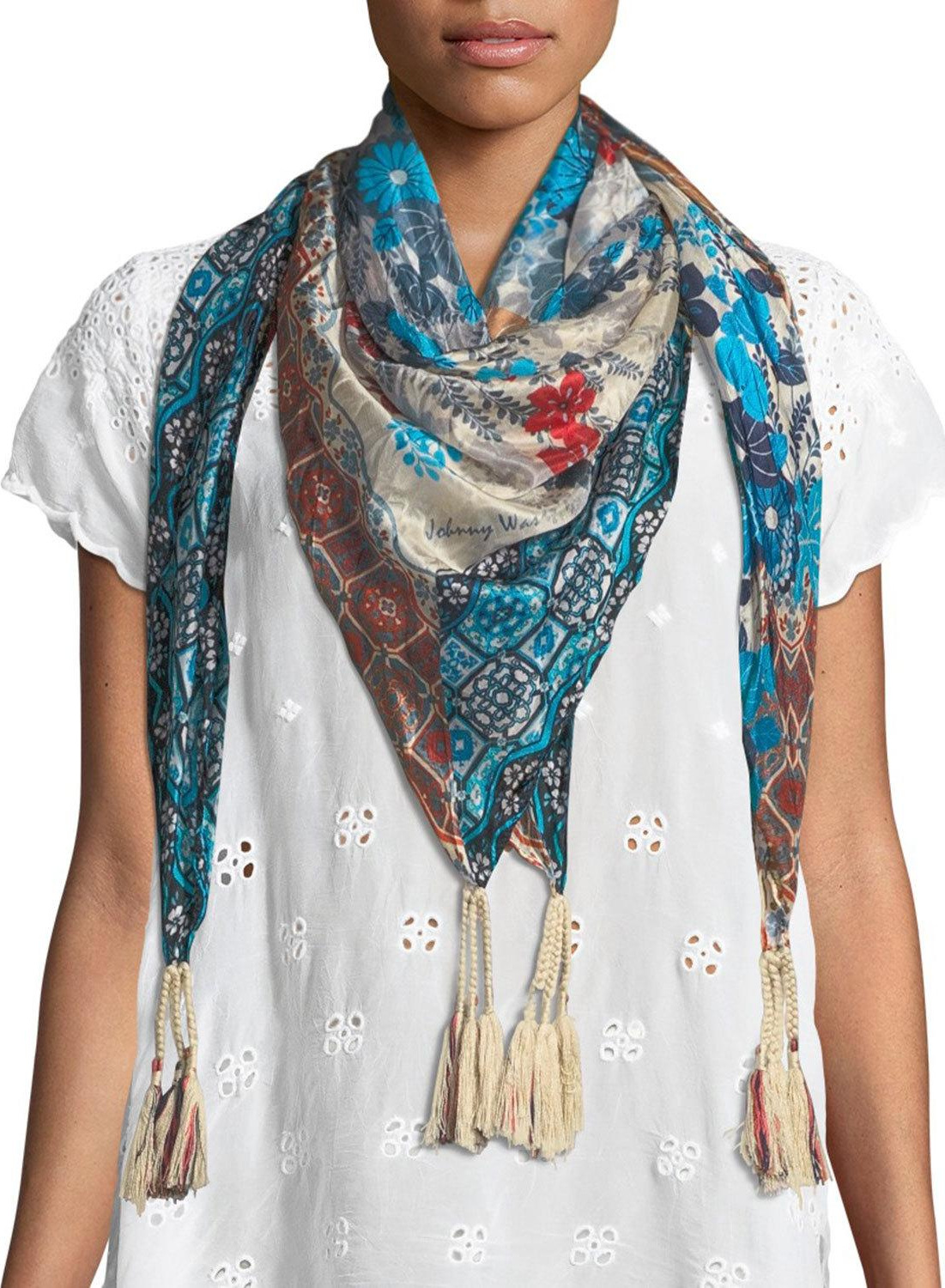 Johnny Was Augustina Striped Pattern Fringe Scarf