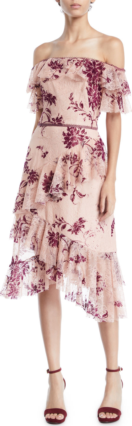 Marchesa Notte Off-the-Shoulder Flocked Lace & Ruffle Trim Dress