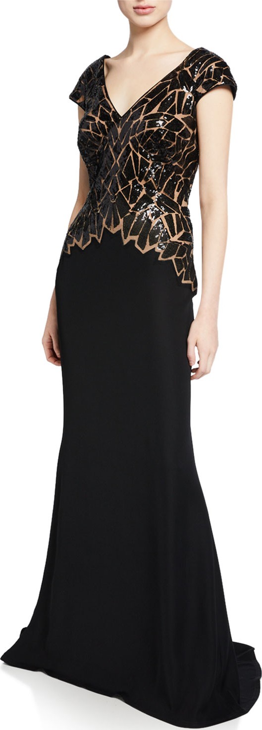 Tadashi Shoji Sequin Crepe V-Neck Cap-Sleeve Mermaid Gown