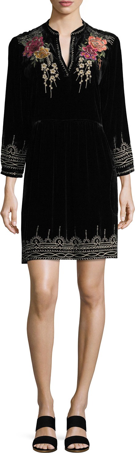 Johnny Was Flores 3/4-Sleeve Boho Velvet Dress w/ Floral Embroidery