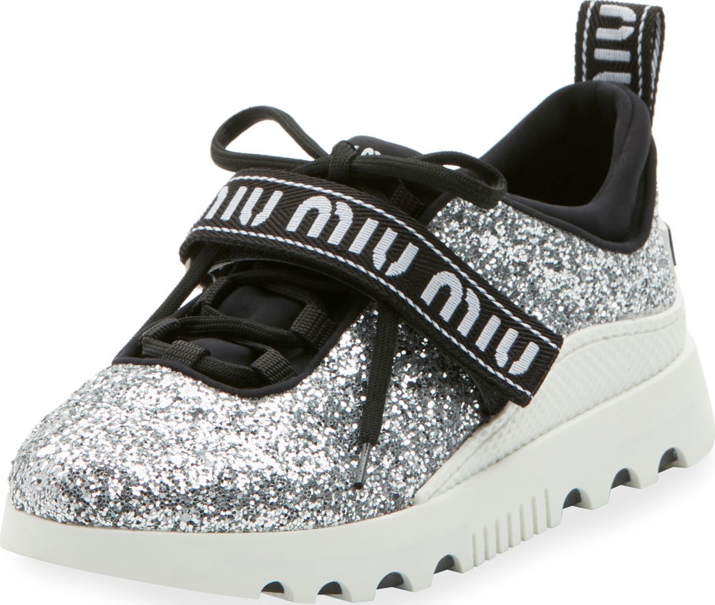 Miu Miu Glitter Platform Trainer with Logo Strap