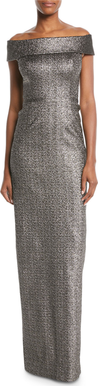 Rickie Freeman for Teri Jon Stretch Jacquard Metallic Off-the-Shoulder Column Gown