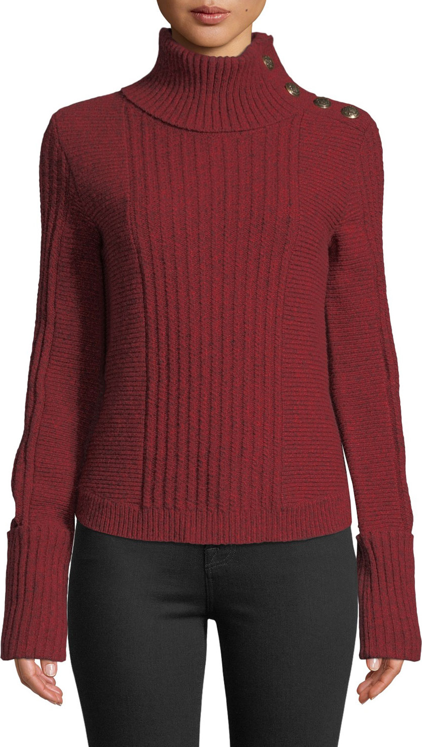 Veronica Beard Lucille Ribbed Wool Button-Shoulder Turtleneck Sweater