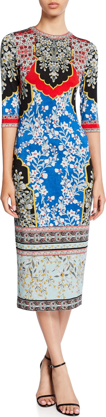 Alice + Olivia Delora Printed Crewneck 3/4-Sleeve Fitted Midi Dress