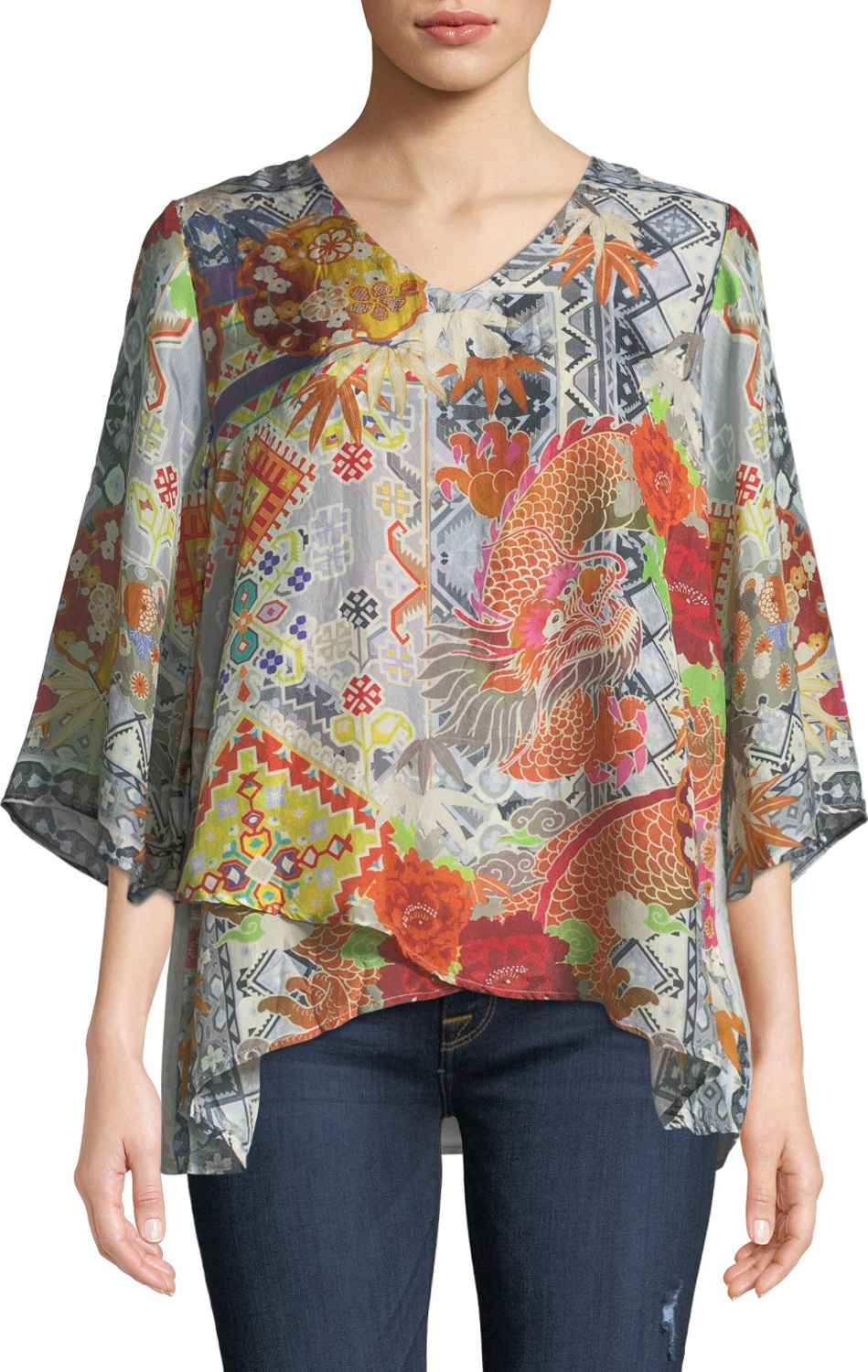 Johnny Was Dralion Printed Silk V-Neck Top