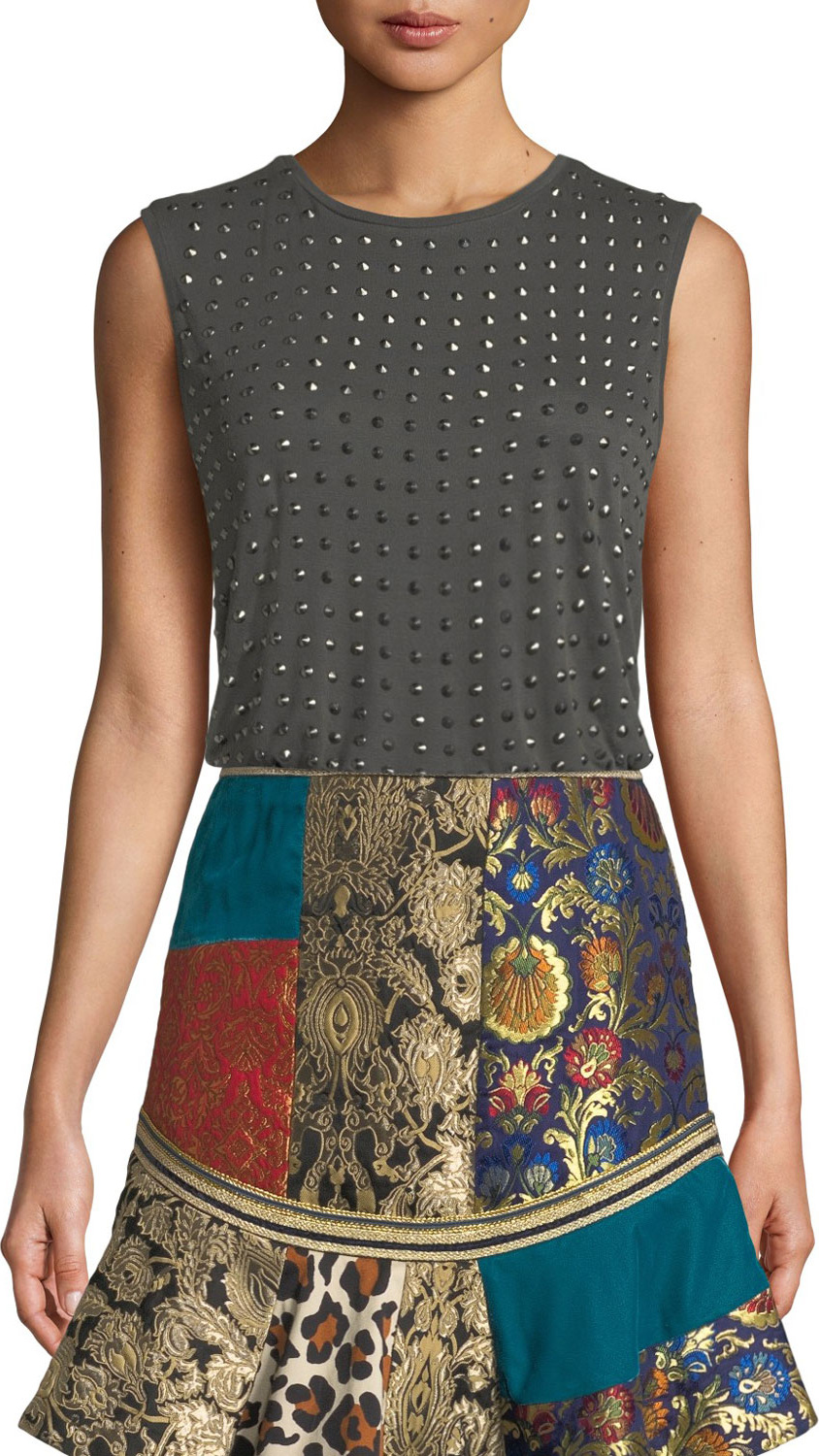 Alice + Olivia Cicely Studded Sleeveless Crewneck Tee