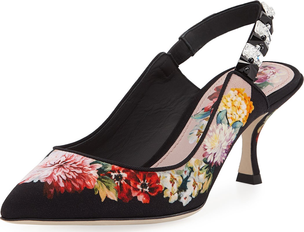 Dolce & Gabbana Floral-Print Jeweled Slingback Pumps