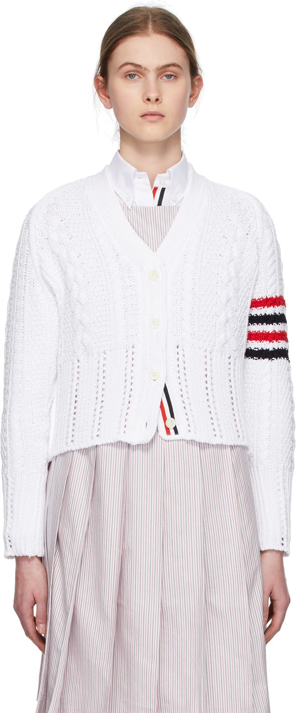 Thom Browne White Aran Cable 4-Bar Cardigan