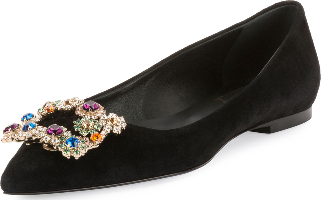 Roger Vivier Suede Ballet Flat with Flower-Crystal Buckle