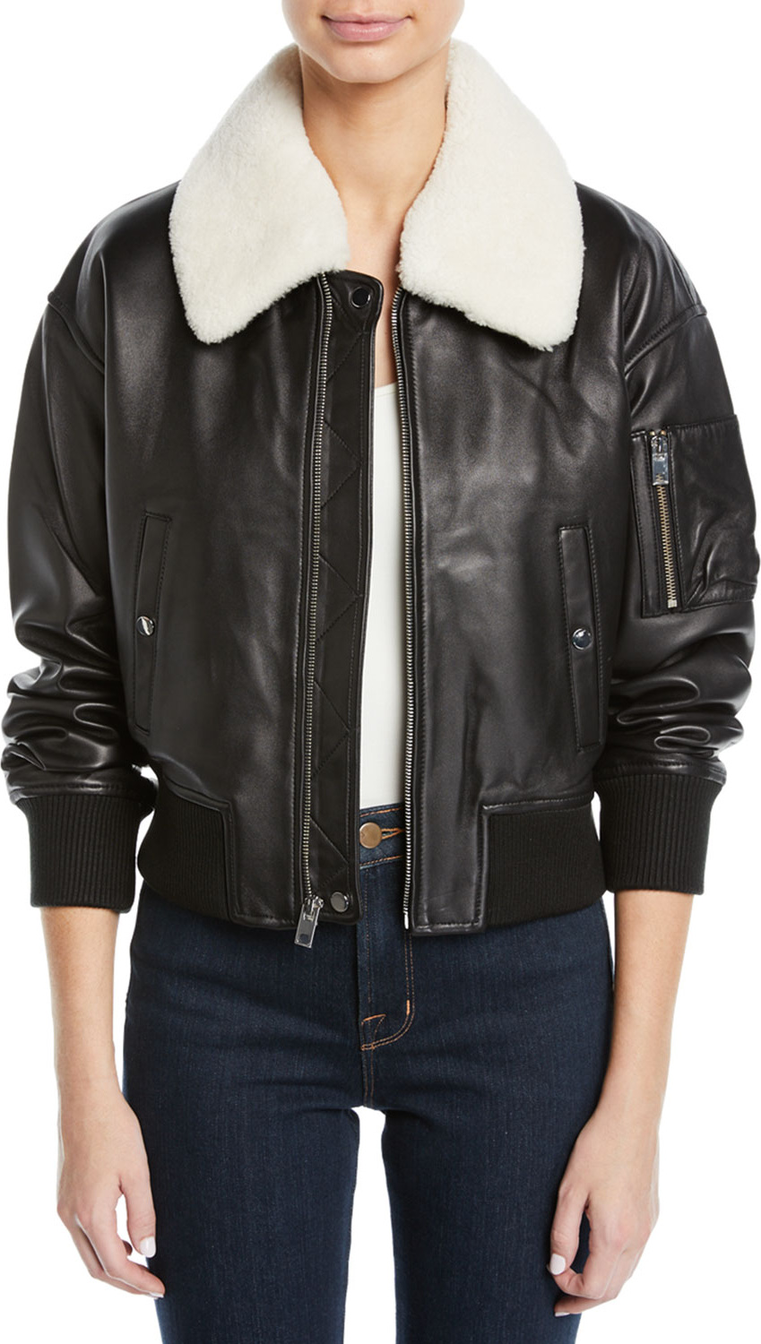 Derek Lam 10 Crosby Cropped Leather Flight Jacket w/ Faux Shearling Collar