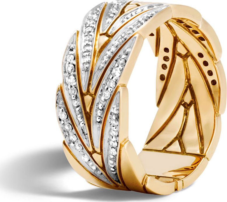 John Hardy 18k Gold Modern Chain Band Ring w/ Diamonds, Size 7