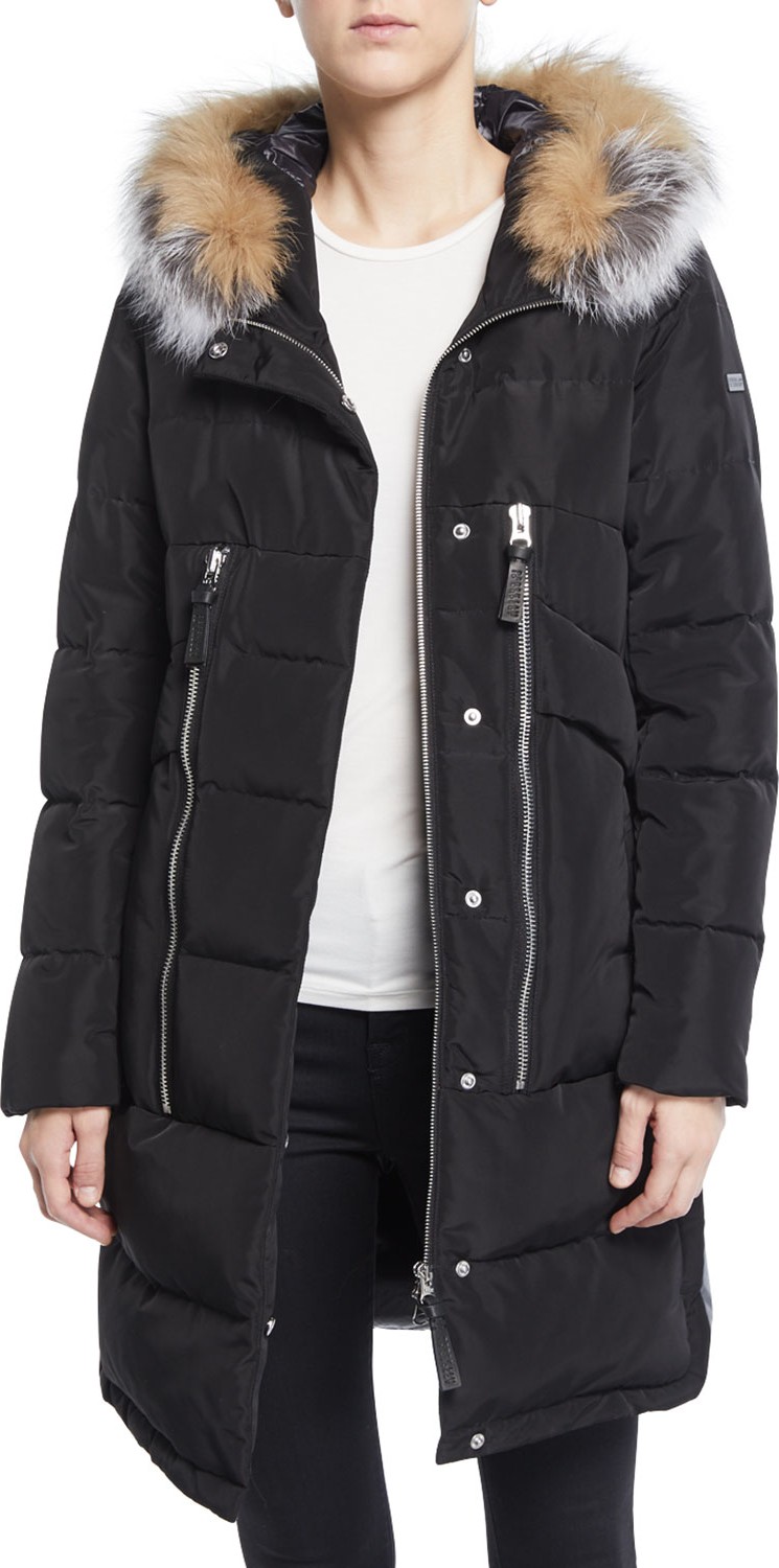 Derek Lam 10 Crosby Zip-Front Quilted Parka Jacket with Fox Fur Hood
