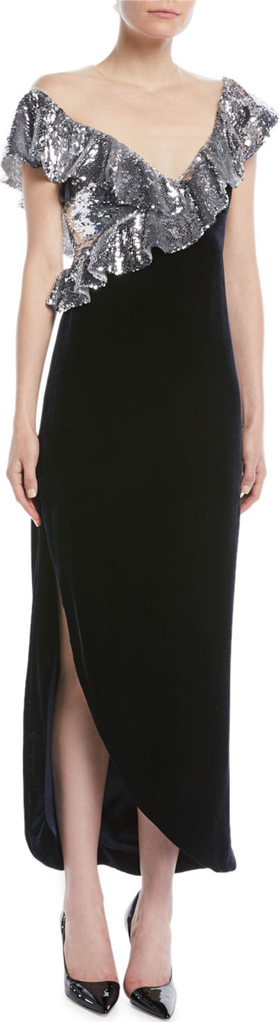 Monique Lhuillier Illusion-Neck Sequin-Ruffle Tea-Length Velvet Cocktail Dress