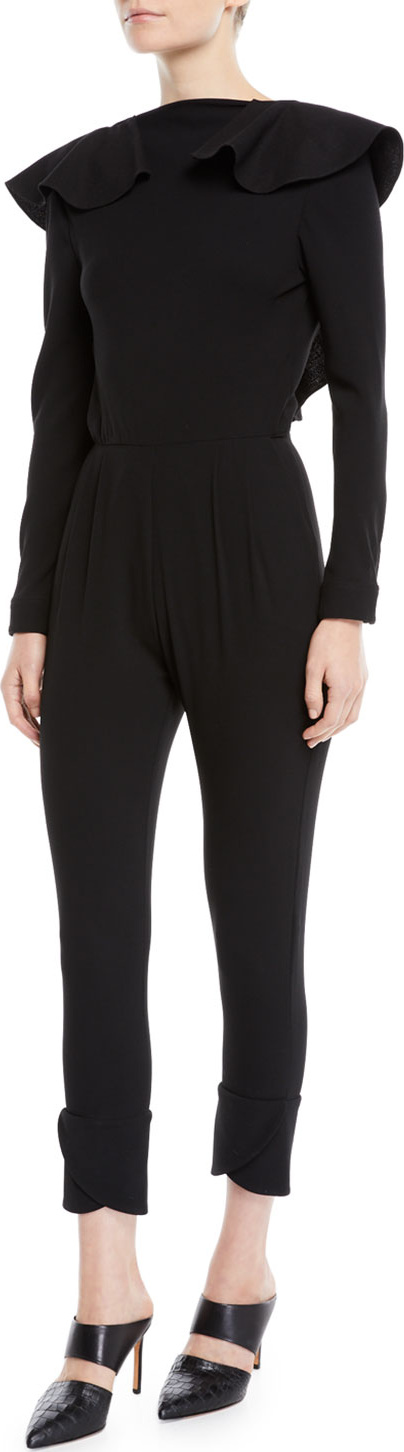 Johanna Ortiz Feel Me Ruffle-Neck Open V-Back Long-Sleeve Skinny Wool Jumpsuit