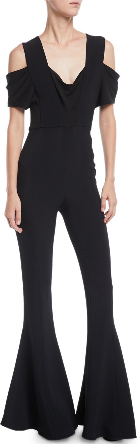 Cushnie Cold-Shoulder Scoop-Neck Flare-Leg Matte Jersey Jumpsuit