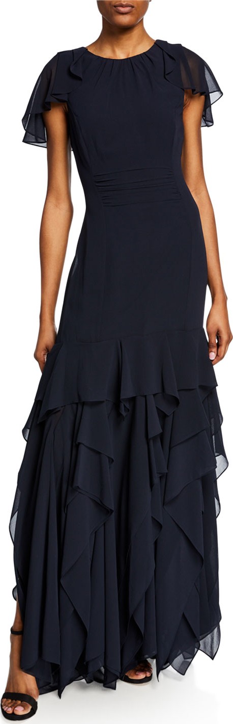 HALSTON HERITAGE Flutter Cap-Sleeve Georgette Gown with Dramatic Flounce Skirt