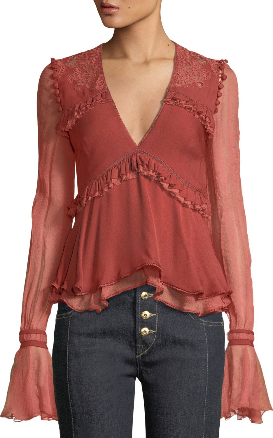 Jonathan Simkhai Mixed Lace V-Neck Ruffle Blouse