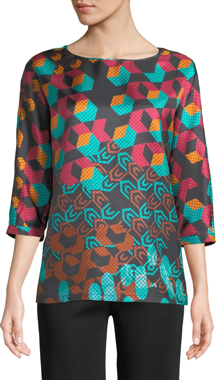 M Missoni 3/4-Sleeve Geometric Silk Top