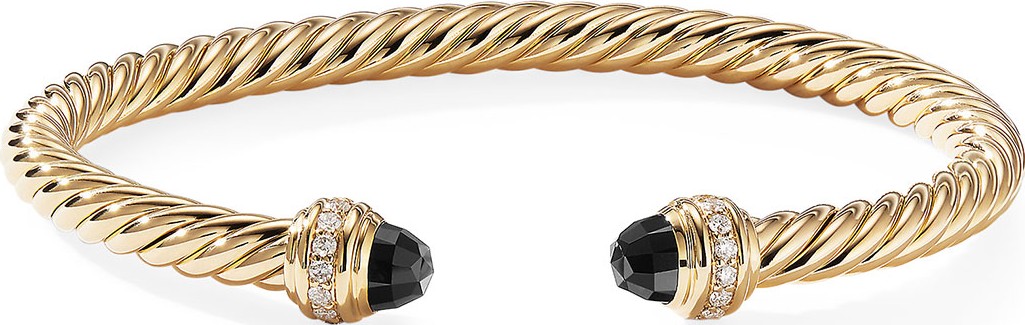 David Yurman 18k Gold Cable Bracelet w/ Diamonds & Onyx, Size S