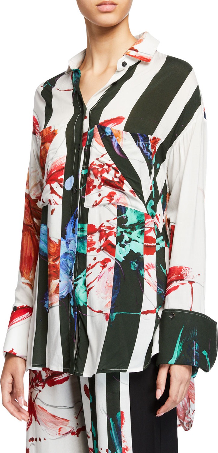 palmer//harding Boyfriend Striped Floral Viscose Button-Up Shirt