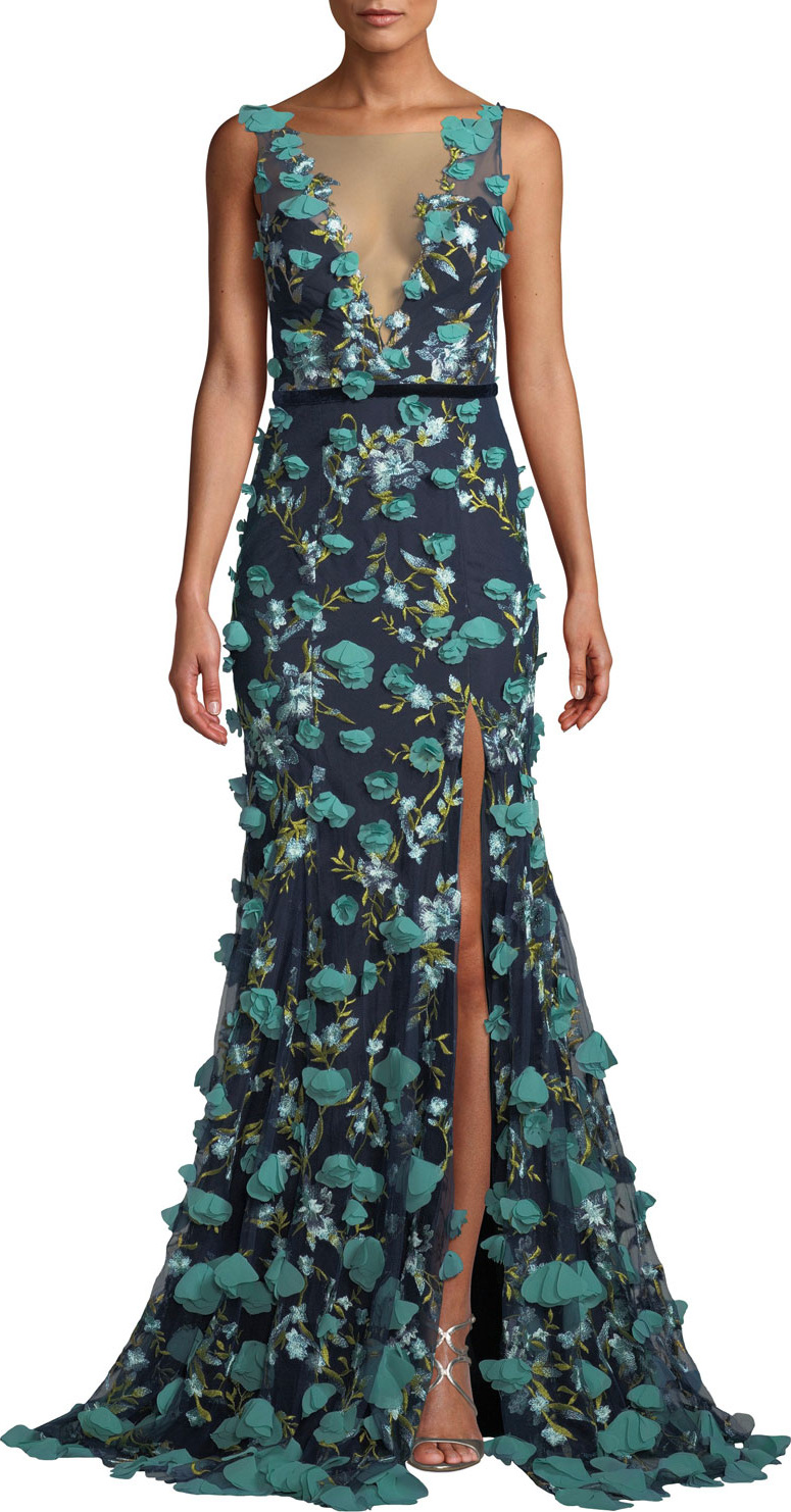 Marchesa Notte Plunging-Illusion 3D Flower Trumpet Gown