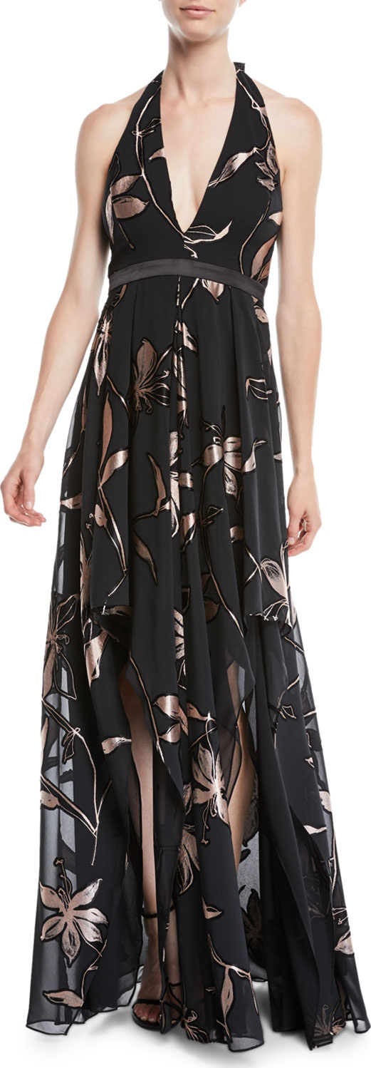 HALSTON HERITAGE Floral Burnout Gown w/ Double-Slit Front