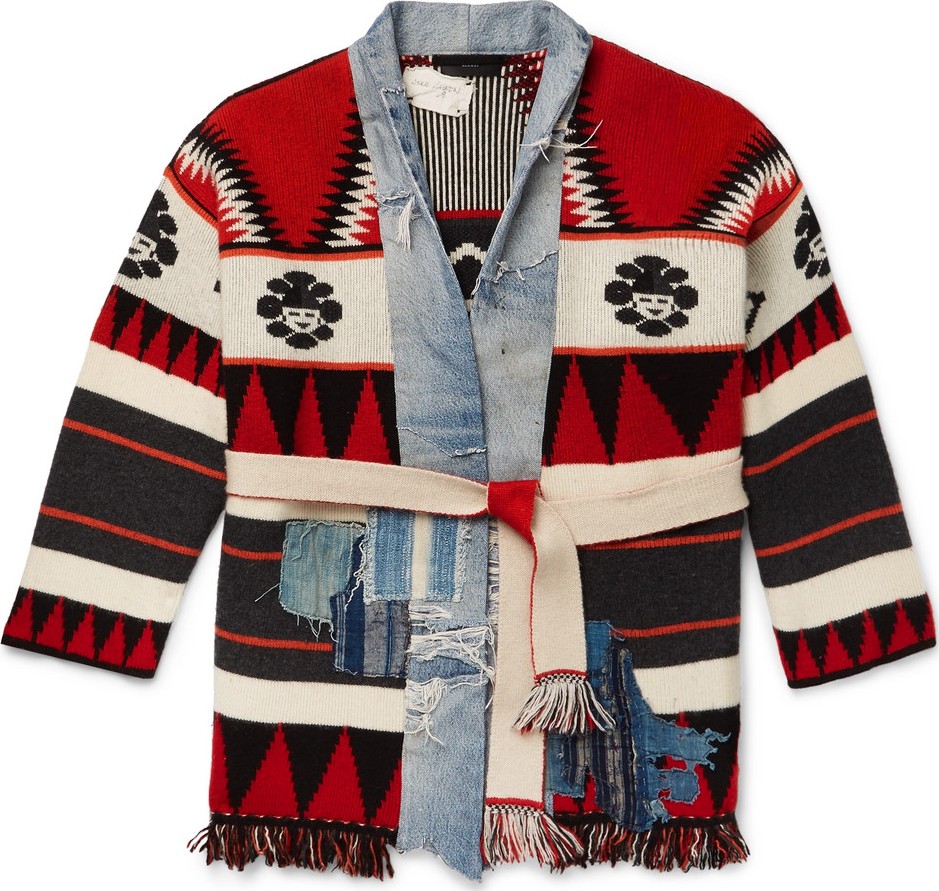 Alanui + Greg Lauren Shawl-Collar Panelled Cashmere-Intarsia and Denim Cardigan
