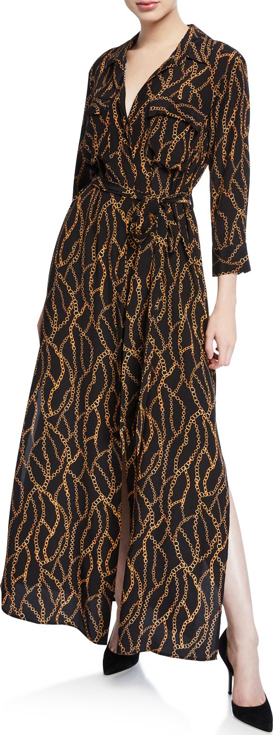 L'AGENCE Cameron Long-Sleeve Belted Chain-Print Silk Shirtdress