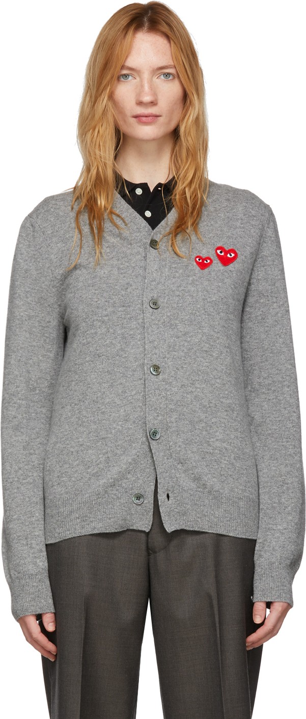 Comme Des Garcons PLAY Grey Wool Men's Double Heart V-Neck Cardigan