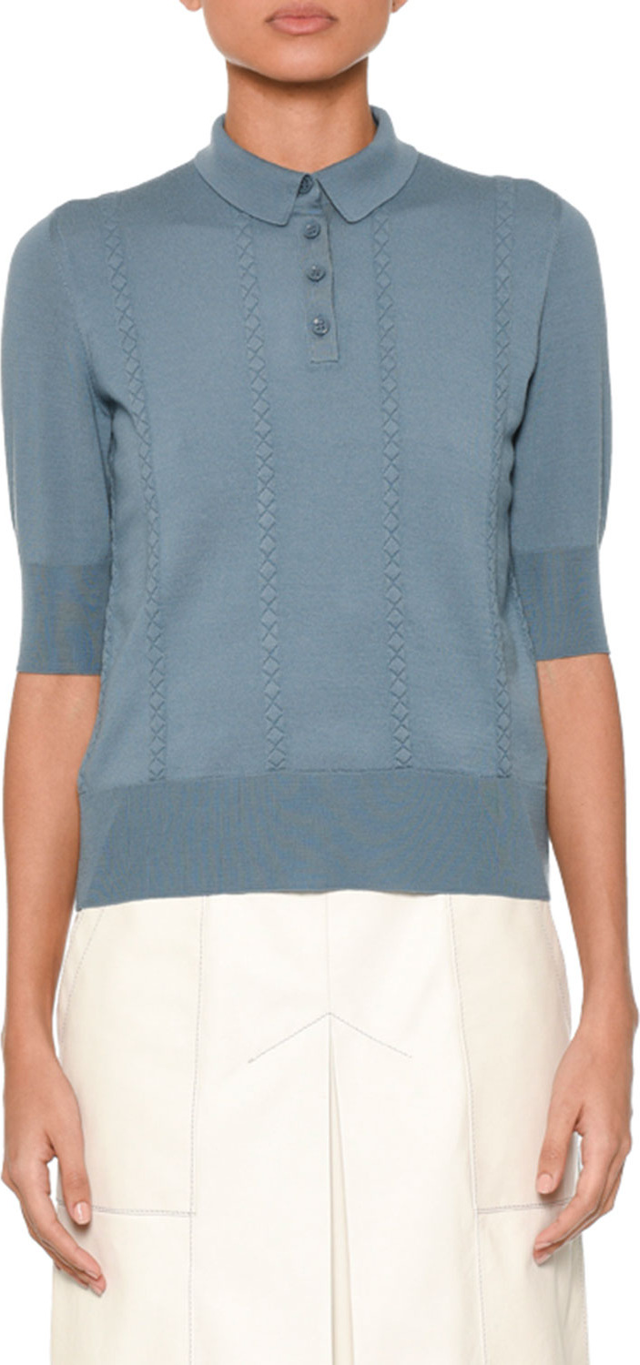 Bottega Veneta Short-Sleeve Vertical Crisscross Wool Polo Top