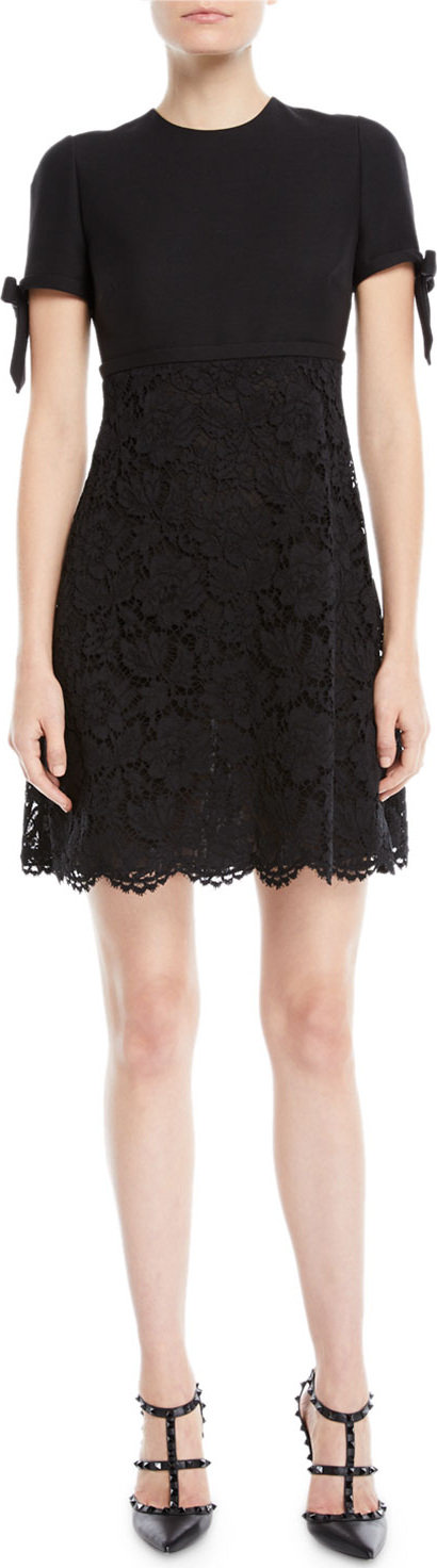 Valentino Short-Sleeve A-Line Crepe Couture Heavy Lace Dress