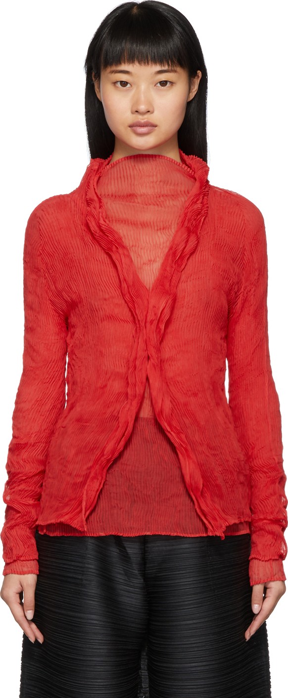 Issey Miyake Red Chiffon Twist Cardigan