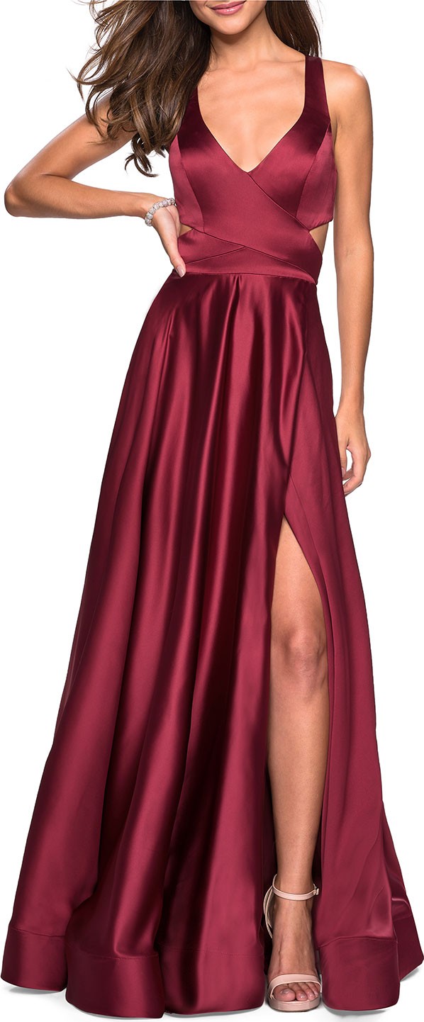 La Femme V-Neck Sleeveless Satin Gown with High Slit & Crisscross Back Straps