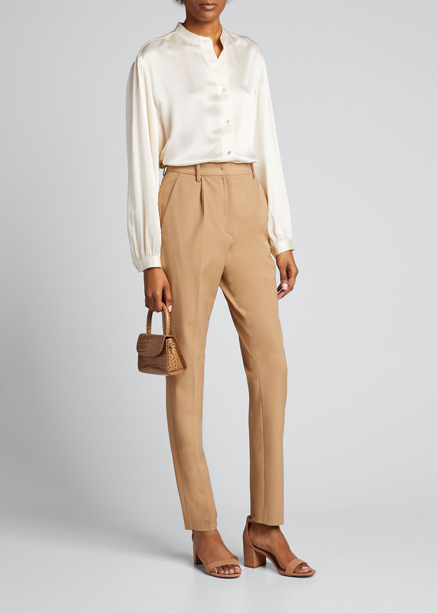 Vince Shirred Band-Collar Silk Satin Blouse