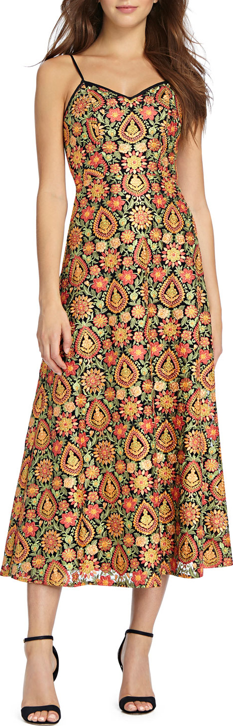 ML Monique Lhuillier Sleeveless Embroidered Mesh Midi Cocktail Dress