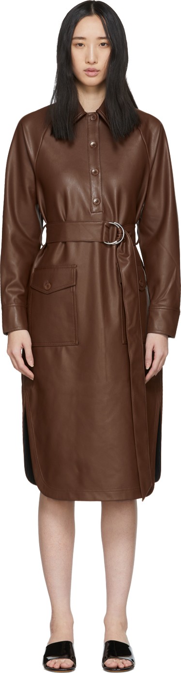 Tibi Brown Faux-Leather Shirt Dress