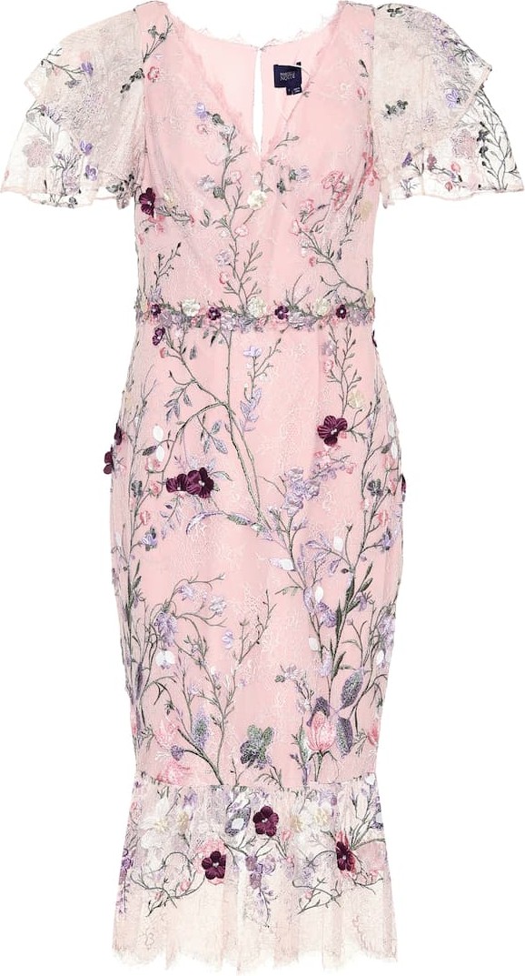 Marchesa Notte Embroidered tulle midi dress