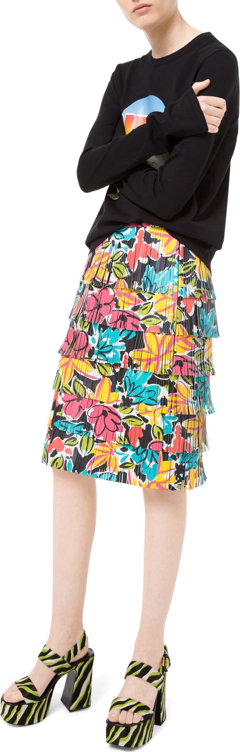 Michael Kors Collection Modern Floral Fringe Leather Skirt