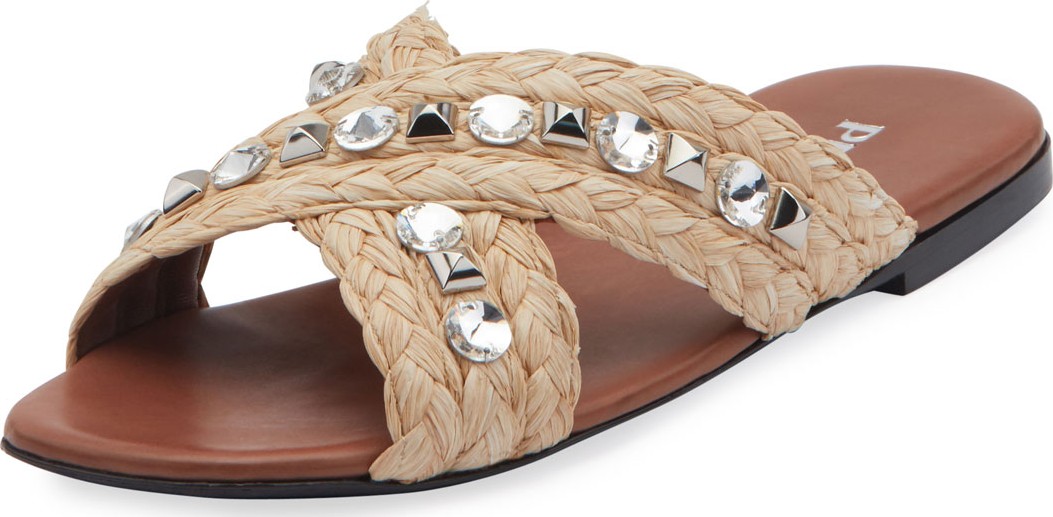 Prada Jeweled Raffia Flat Slide Sandals