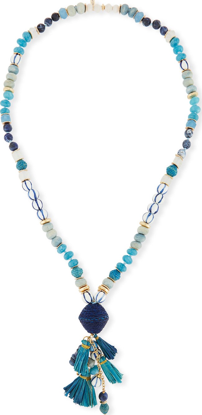 Akola Long Mixed Bead Necklace w/ Multi-Tassel Drop, 36"