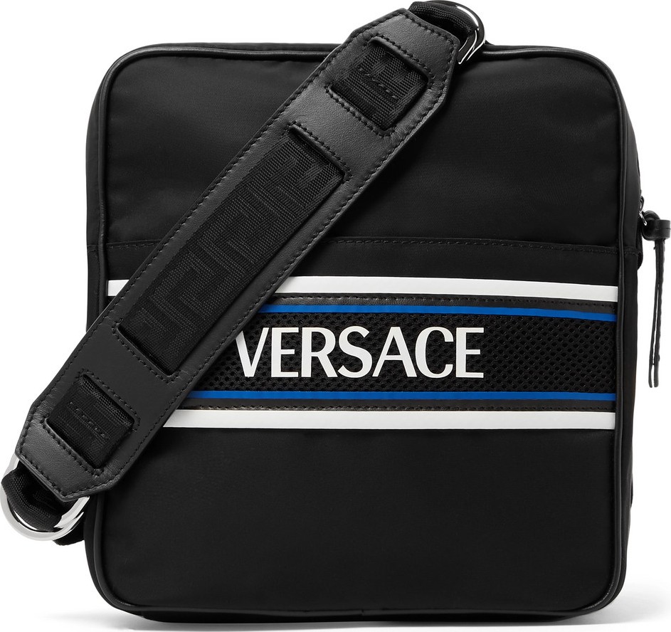 Versace Leather and Mesh-Trimmed Logo-Print Shell Messenger Bag