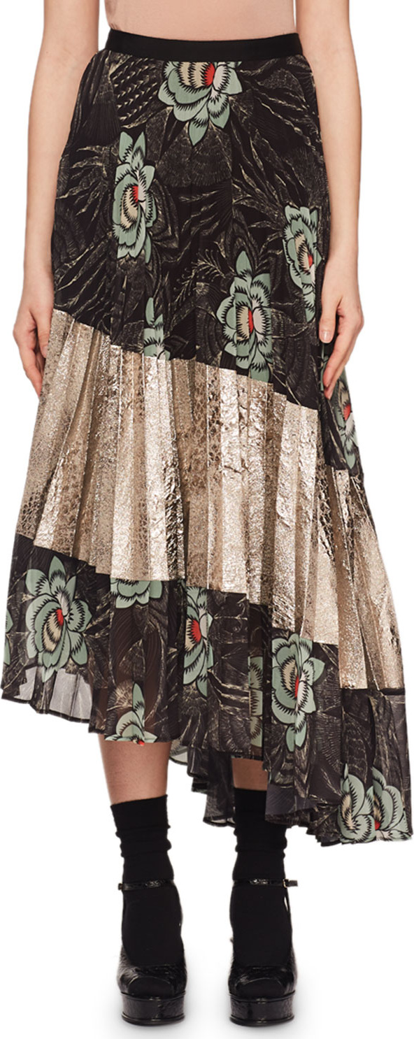 Dries Van Noten Sedima Plisse Pleat Floral-Print High-Low Skirt w/ Crinkle Metallic
